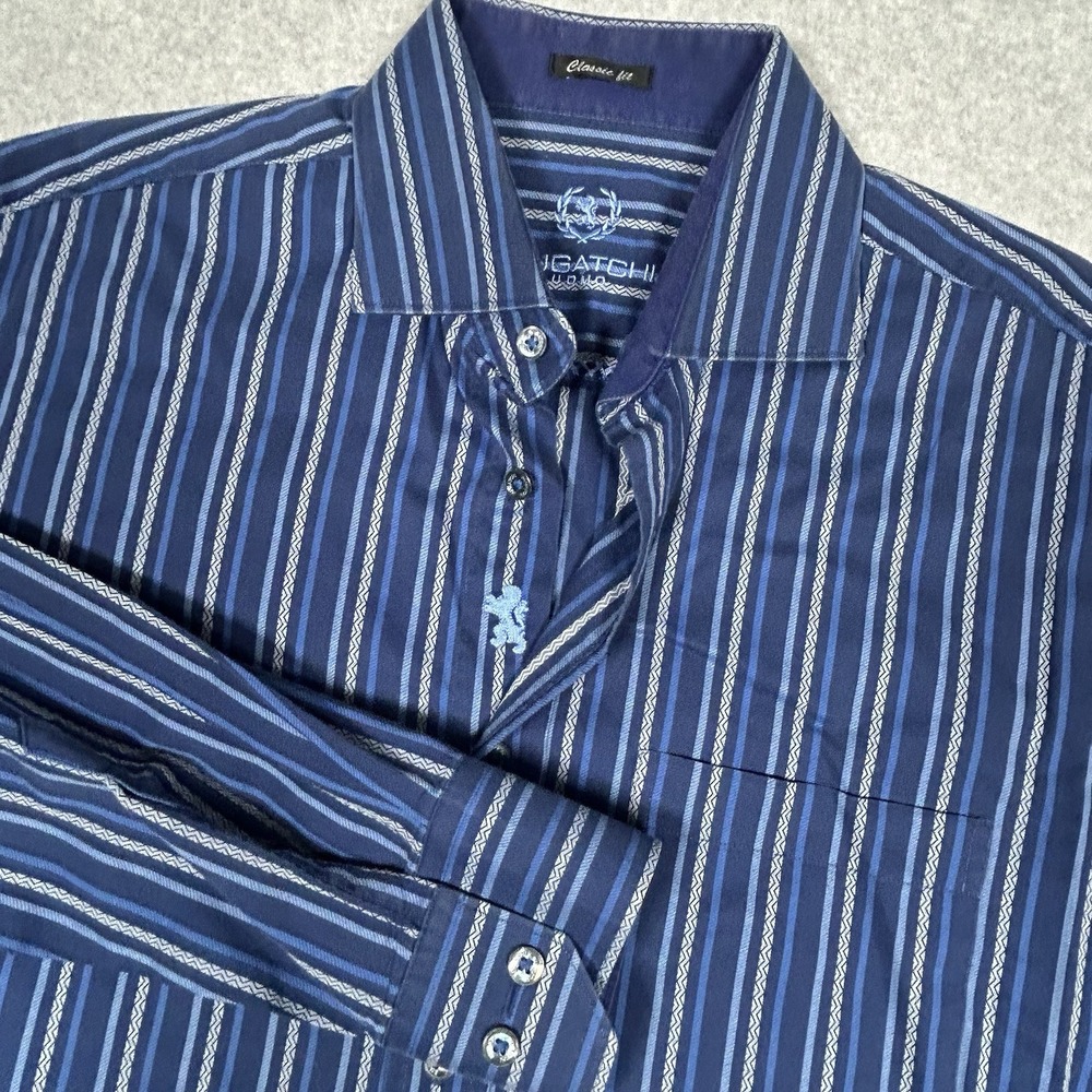 Bugatchi Size XL Blue Classic Fit Striped Print Cotton Button Up Shirt